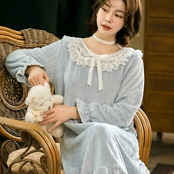 

Autumn and winter ladies thick flannel nightdress female sweet lace princess style long sleeve long nightdress SJ073
