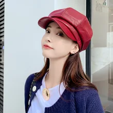 PEIKONG, осенняя новинка, Модный женский берет, женский берет из искусственной кожи, шапка для женщин и мужчин, повседневный Одноцветный берет, восьмиугольная шапка