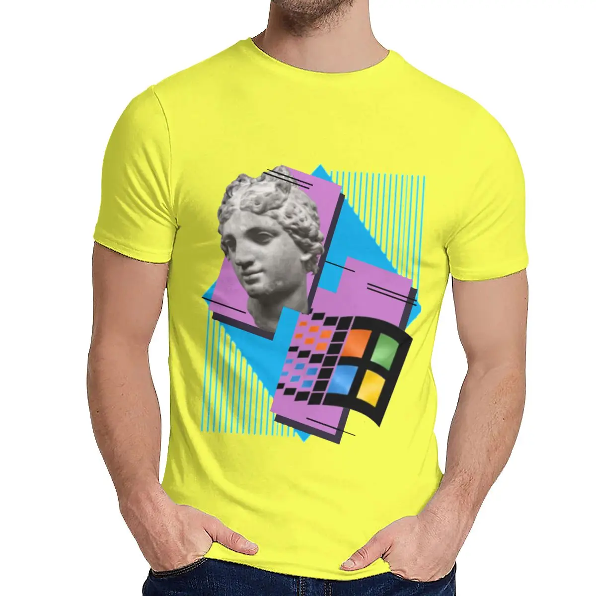 Vaporwave Windows 95 1995 Ретро музыкальная футболка с круглым воротником для отдыха Аниме для мужчин хлопок размера плюс футболка - Цвет: Цвет: желтый
