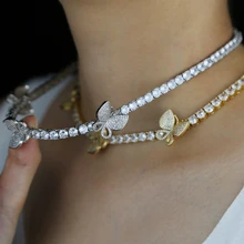 Top Kwaliteit Iced Out Bling Vrouwen Sieraden Zilver Roze Kleur 5A Zirconia 5Mm Cz Tennis Ketting Vlinder Charme choker Ketting(China)