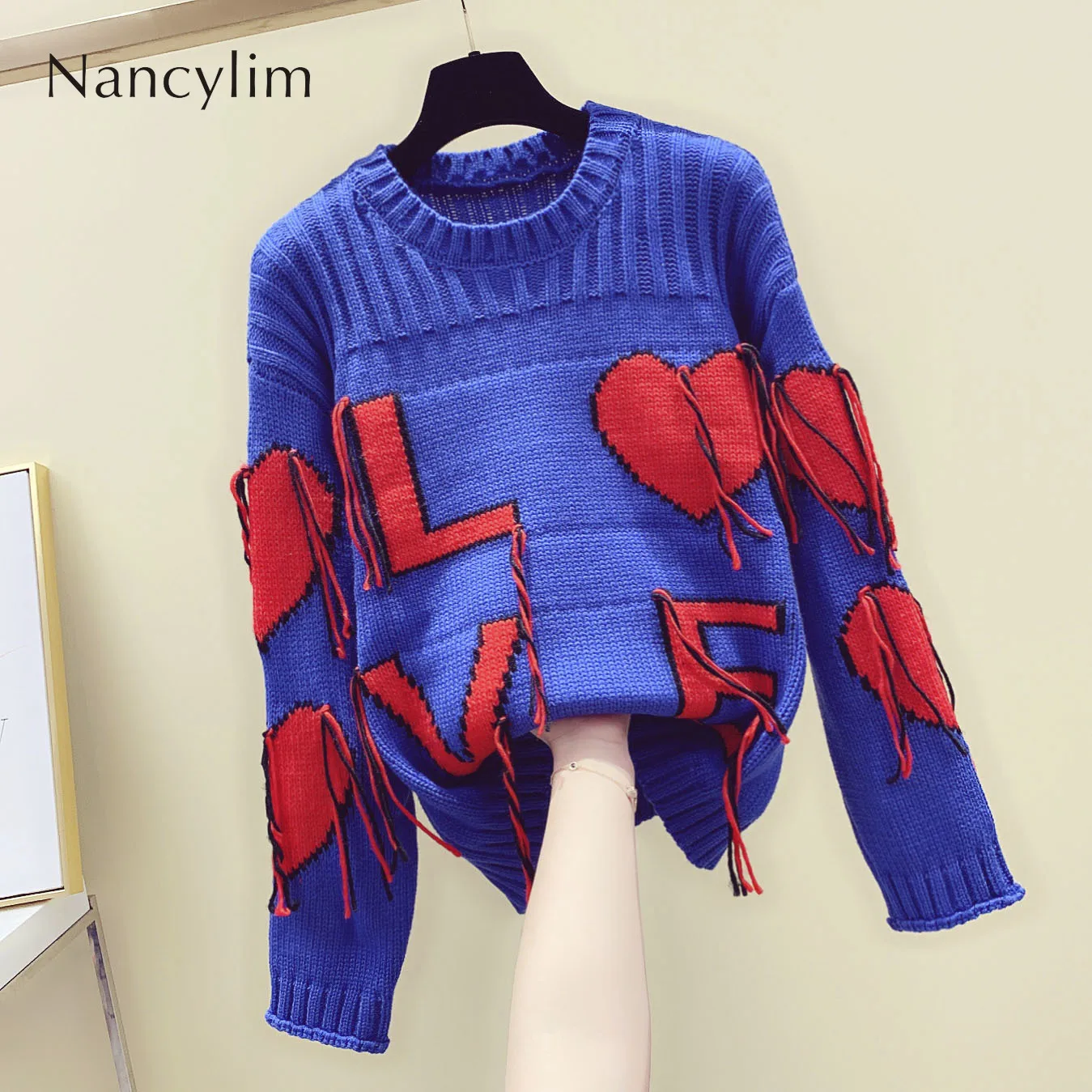 

Loose Blue Sweater Women's 2019 Autumn Winter New Letter Embroidery Knitting Coat Female Knitwear Street Coat Student Sweater