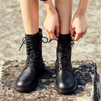 

Genuine Leather Ankle Boots Women Autumn Winter Cross Strap Shoes Woman Round Head Lace Up Short Boots Female Motorcycle Boots