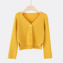 Весна осень сплошной цвет женский вязаный кардиган корейский стиль v-образный вырез длинный рукав короткий свитер