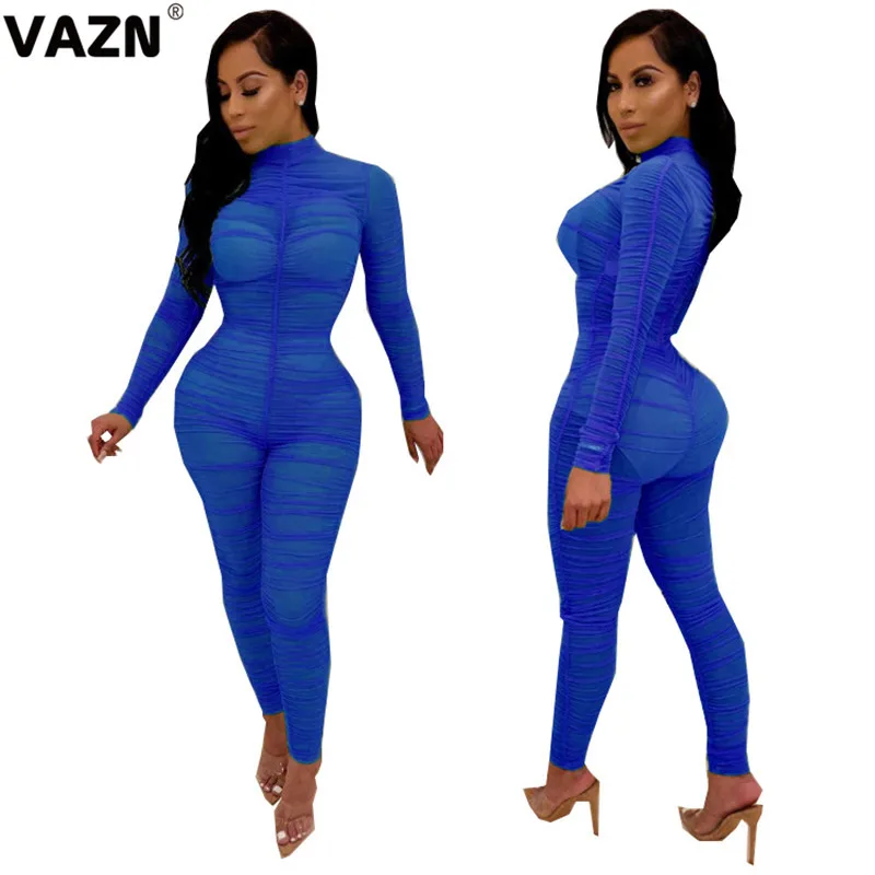 VAZN OMSJ01 Новые прозрачные сексуальные шифоновые однотонные Комбинезоны Платье-водолазка с длинными рукавами Высокая талия женские узкие длинные Комбинезоны - Цвет: Синий