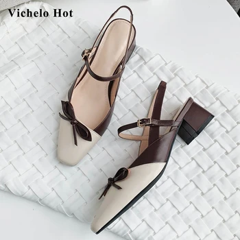 

Vichelo Hot mixed colors vintage square toe med heel butterfly-knot princess style young lady buckle strap hot sandals women L06