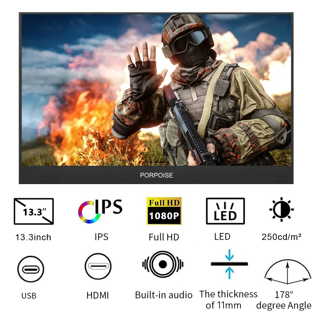 PORPOISE 13 3 Inch USB C Portable 1080P IPS LED Monitor for PS3 PS4 Nintendo Switch Raspberry Pi Huawei