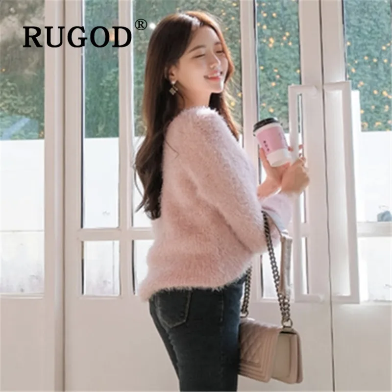 RUGOD women sweet pink sweater women elegant v neck long sleeve mink cashmere sweater casual spring knitted pullover pull femme