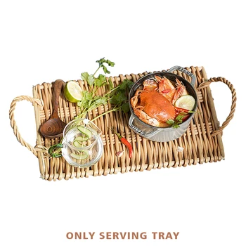 

Solid Home Decor Bread Dinner Serving Tray Food Fruit Woven Rattan Party Snack Storage For Breakfast With Handles Restaurant