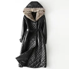 Зимняя кожаная женская Норковая куртка с капюшоном и хлопковой овечьей кожей, длинное пальто, черный пояс, большие толстые теплые модные куртки высокого качества