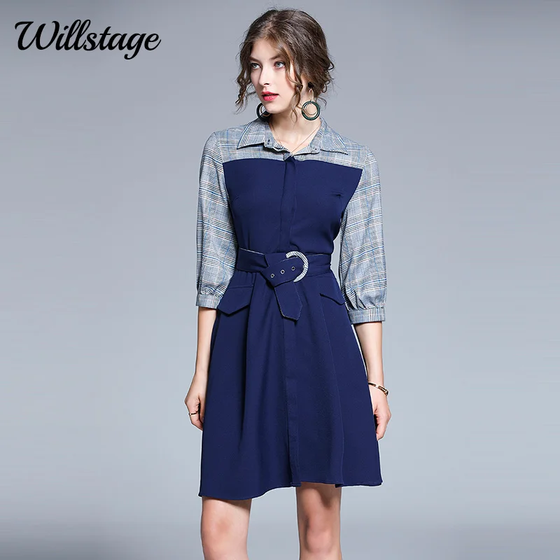 Willstage клетчатое платье женские Лоскутные трапециевидные рубашки платья с поясами винтажные элегантные осенние зимние вечерние платья