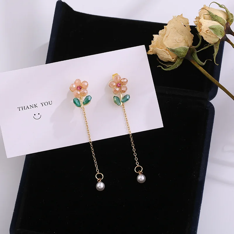 

2020 New Cute Crystal Flower Leaf Drop Earrings For Women Girls Fashion Long Tassel Pearl Temperament Brincos Jewelry Gift