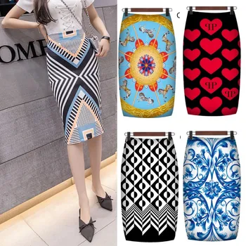 

Artistic Print Pattern Women Skirts Femme Elegant High Waist Midi Calf Pencil Skirt Young Girls Spring Slim Skirt For Mujers