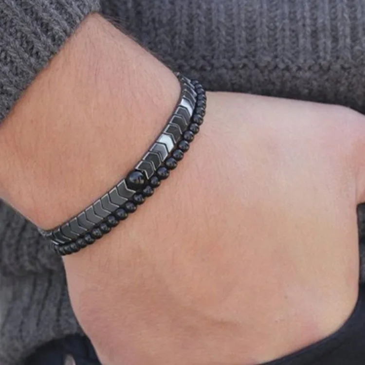 Punk Hematite Men's Bracelet Set Handmade Beaded Jewelry