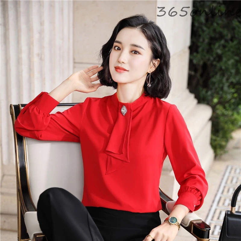 Элегантные красные блузки рубашки модная повседневная женская офисная одежда с