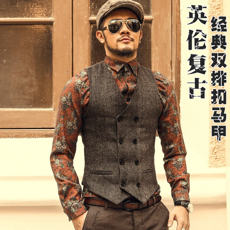 Men's British Style Vintage Slim Woolen Cotton Sleeveless Suit Vest Waistcoat Single Breasted image 6