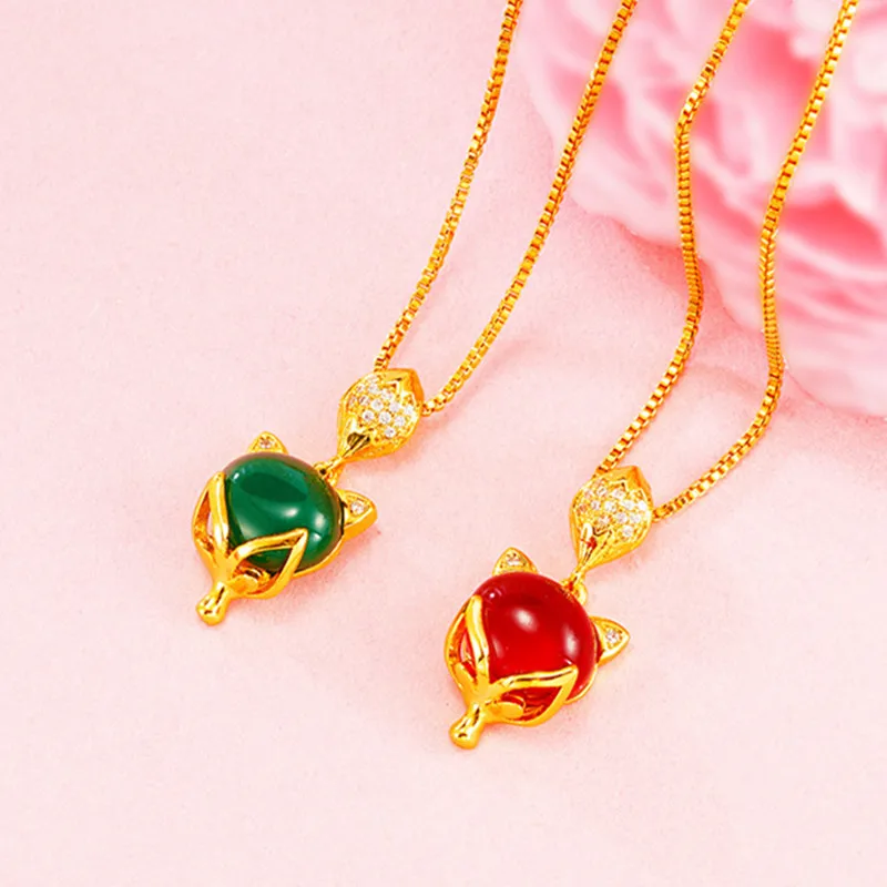 

Fox Necklaces for Women 18K Gold Plated Pendant Necklace Zircon Red Green Imitation Gemstone Engagement Wedding Necklace Jewelry