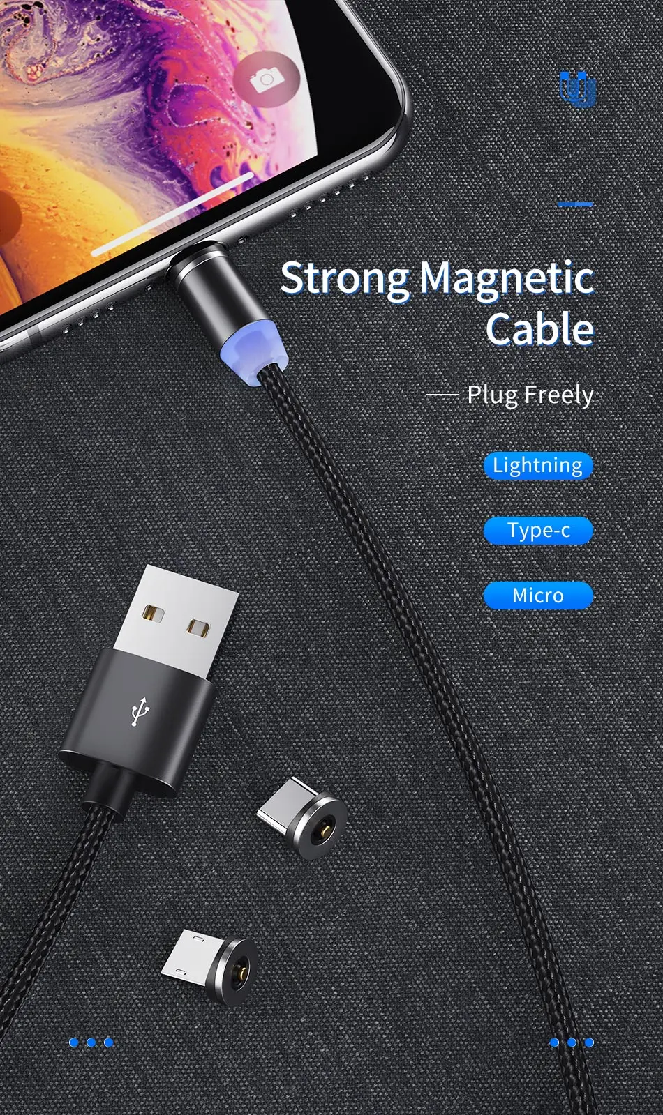 Магнитный кабель OLAF 3A, 2 м, шнур для зарядки телефона, кабель Micro USB, магнитное зарядное устройство, быстрый кабель usb type C, USB C для iPhone 11, samsung