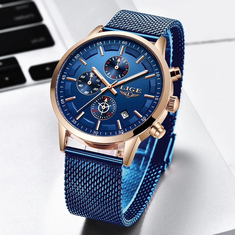 $20.99 Lige New Blue Casual Mesh Belt Fashion Quartz Gold Sport Watch Mens Watches Top Brand Luxury Waterp
