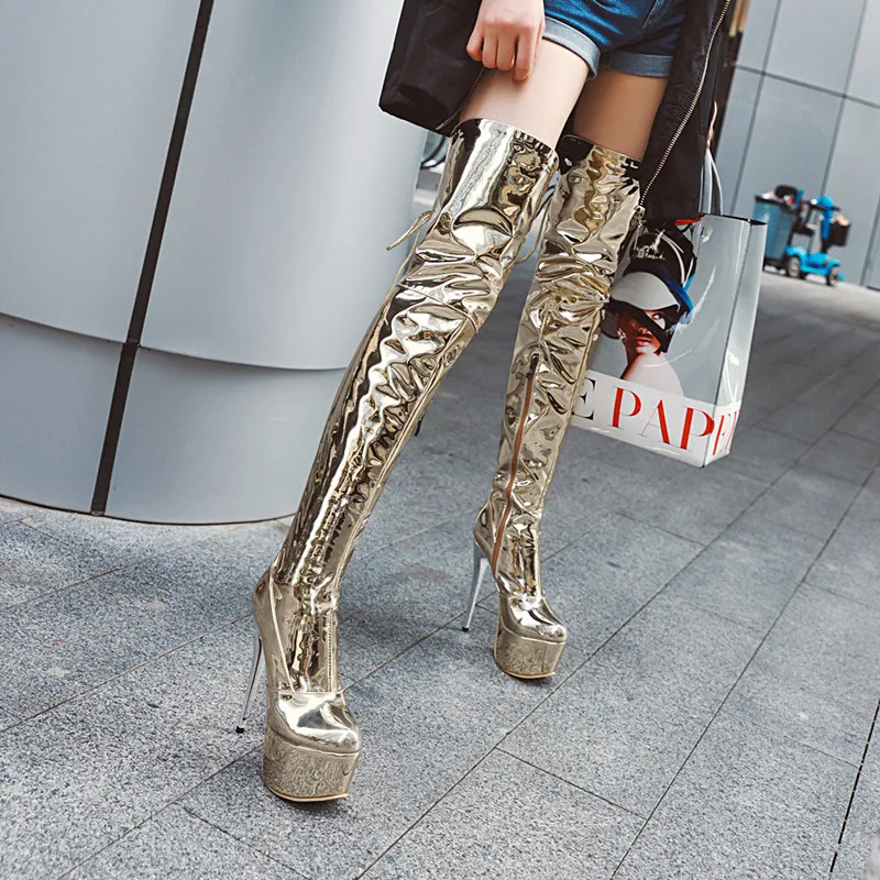 women's 14cm extremely high stiletto heels night club dance thigh high boots ladies platform shiny silver over-the-knee boots 48