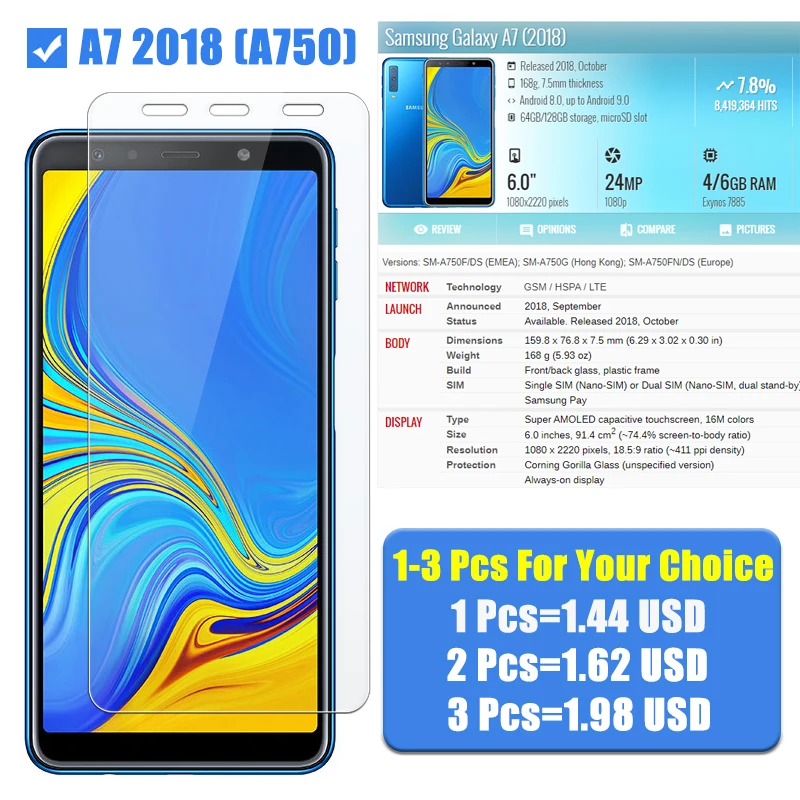3 шт Galaxy A72018 Защитное стекло для samsung A7 A750 защита экрана на Samsyng A 7 Glaxy 7A Броня закаленное стекло лист