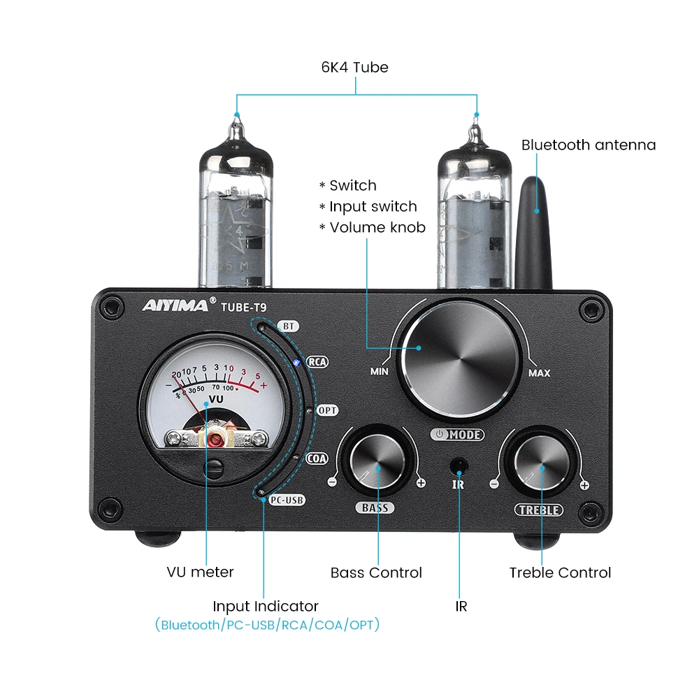 Tubo de Vácuo Áudio em Casa Digital com Medidor Aiyima Áudio Bluetooth Amplificador Usb Dac Receptor Estéreo Coaxial - Optar Alta Fidelidade vu 100w t9 5.0 - Image 2
