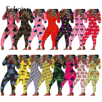 

Echoine 2020 Autumn Winter Women Sexy Onesies For Adults Long Sleeve V-neck Casual pattern Pajama Romper ladyJumpsuit Nightwear