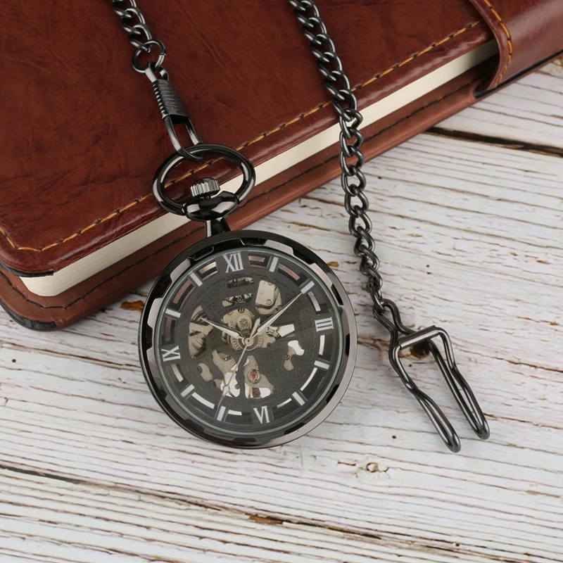 Простой Черный Скелет Механические карманные часы ручной обмотки псевдо антикварные часы цепь римские цифры часы с открытым лицом Топ подарки онлайн