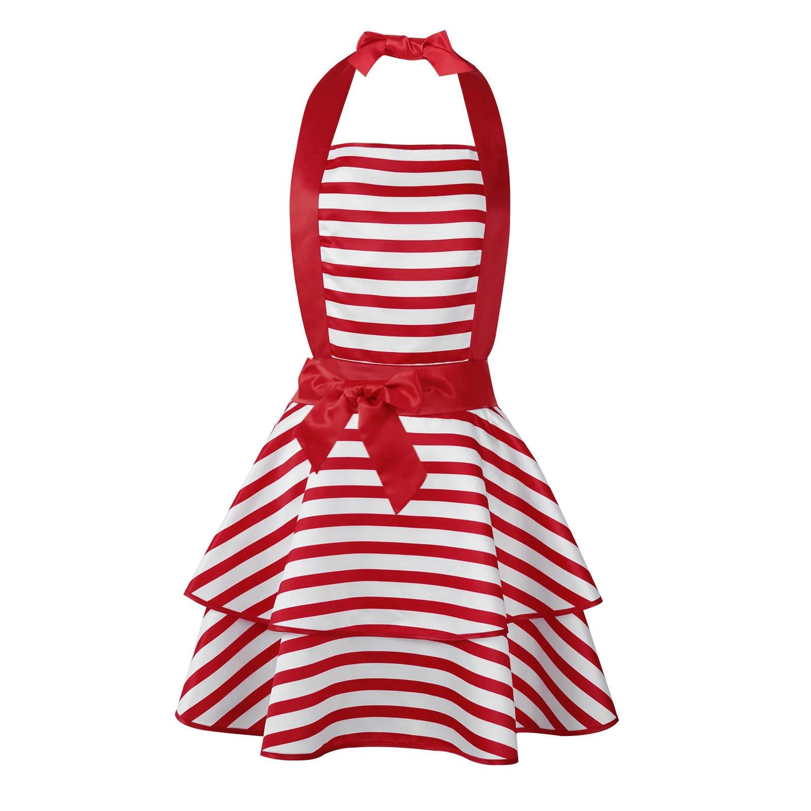 Women Apron Costume Halter Laceup Stripe Maid Apron Dress Sexy Cosplay