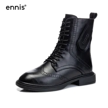 

ENNIS 2020 Autumn Winter Women Boots Low Heel Ankle Boots Lace Up Black Boots Female Brogue Leather Shoes Martins Designer A22A