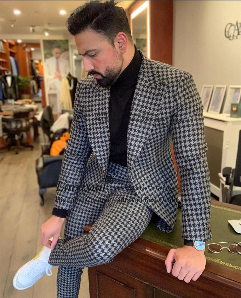 

Houndstooth Tweed Wool Mens Suits Slim Fit Winter Groom Tuxedos Business Male Prom Blazer 2 Piece Sets Costume Homme Jacket+Pant