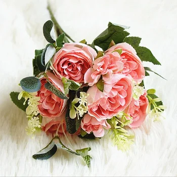 

30cm Roses Pink Silk Peony Artificial Flowers Bouquet 6 Big Head and 2 Bud Cheap Fake Flowers for Home Wedding Decoration indoor