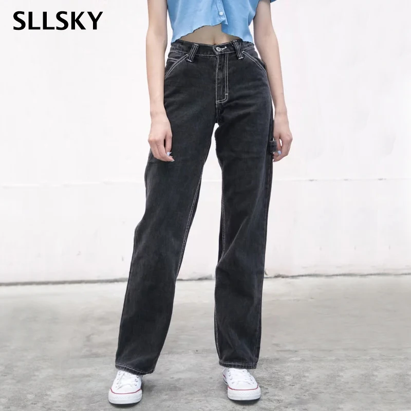 Женские джинсы с высокой талией SLLSKY черные белыми прямыми штанинами
