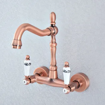 

Antique Red Copper Brass Wall Mounted Kitchen Wet Bar Bathroom Sink Faucet Swivel Spout Mixer Tap Dual Ceramic Handles asf876