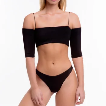 

Off Shoulder Swimsuit Woman Half Sleeve Beachwear Two Piece Bathing Suit Swimwear Solid Push Up Bikini Bandeau Bath Wear Plavky