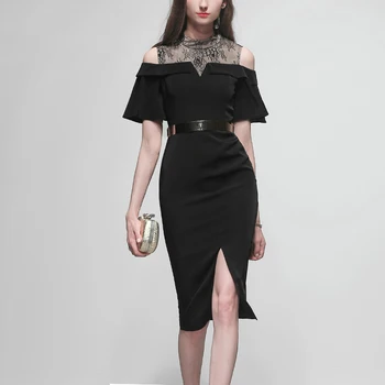 

Seifrmann Summer Fashion Runway Designer Dress Women Stand Collar Sexy Split Lace Patchwork Ruffles Belted Ladies Knee Dresses