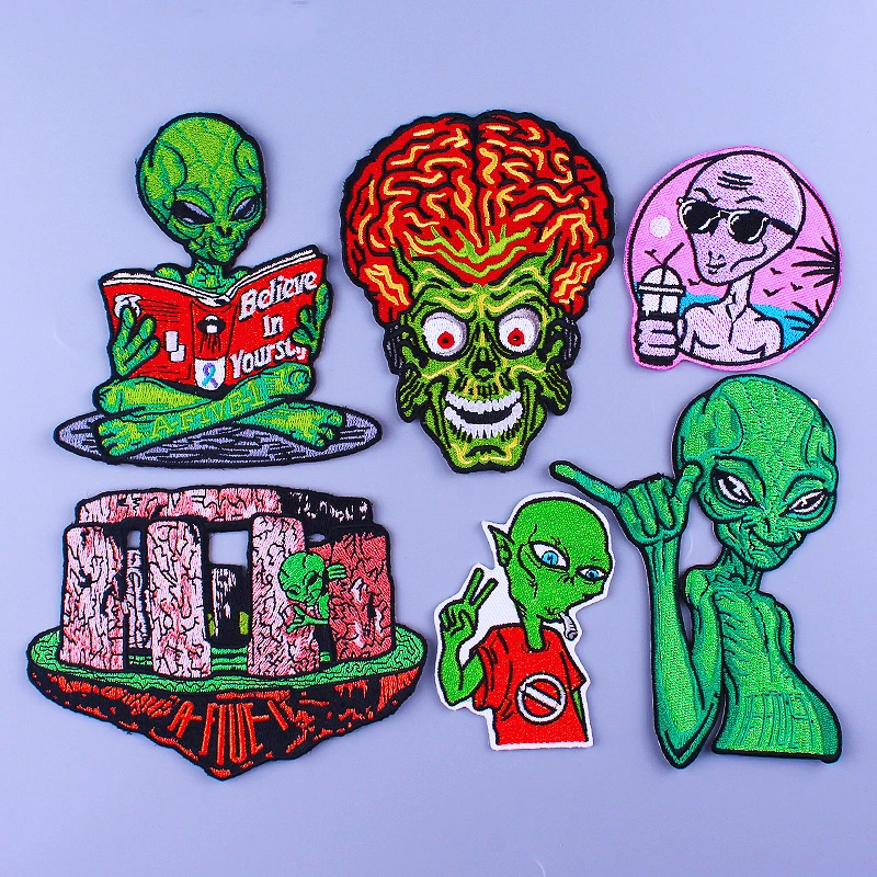 

Alien UFO Patch Stripe Punk Embroidered Patches On Clothes Iron on Patches for Clothing Hippie Rock Band Badges For Backpack DIY