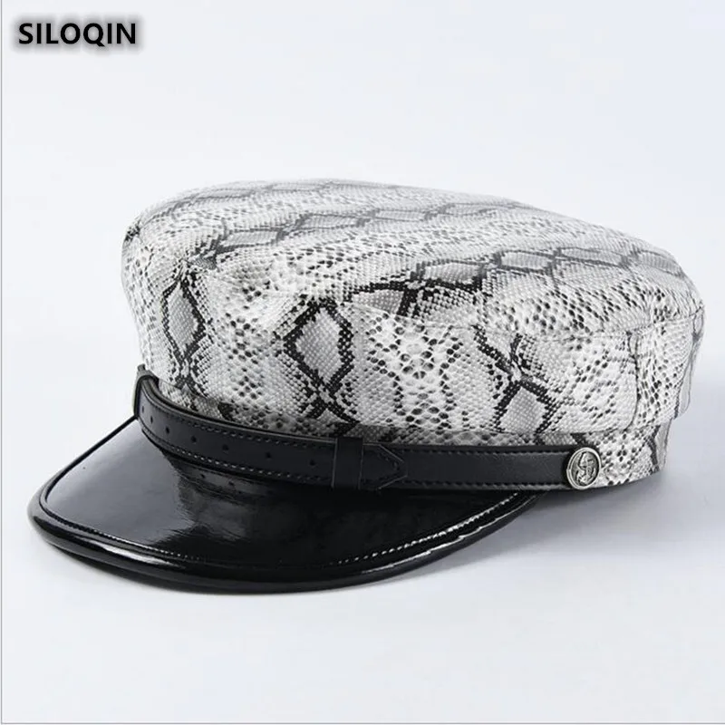 

SILOQIN Autumn Winter New Fashion PU Python Pattern Military Hats Snapback Trend Women's Flat Caps Lady Brand Leisure Tongue Cap
