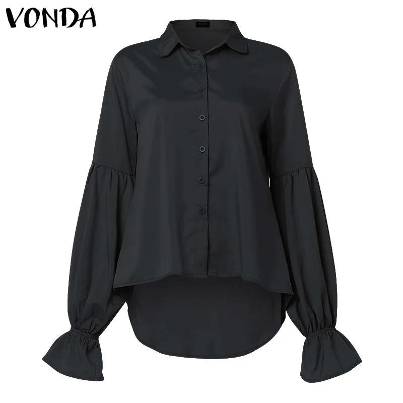 VONDA, блузка, женская рубашка,, осенняя, повседневная, с асимметричным подолом, с отворотом, с длинным рукавом-фонариком, белая рубашка, сексуальные топы размера плюс, блузы - Цвет: Black
