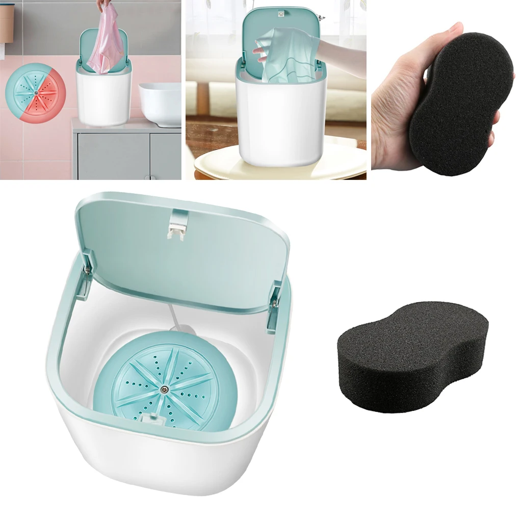 Portable Washing Machine + Sponge for Makeup Brush Pants Travel Camping Blue