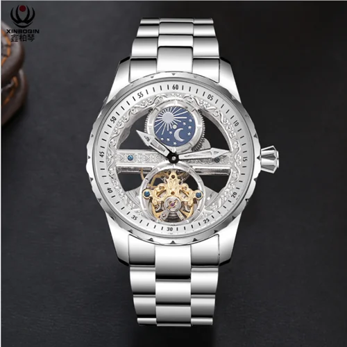 Полностью автоматический механизм полые мужские tourbillon из нержавеющей стали водонепроницаемые подарочные часы - Цвет: 1