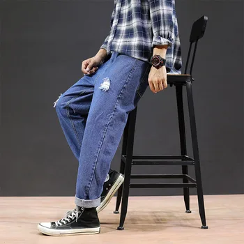 

High Quality Fashion Light Blue Retro Denim Men Harajuku Harem Pant Loose Leisure stitching washed pocket Blue jean Hole trouser