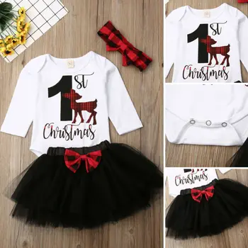 

My 1st Christmas Newborn Baby Girl Deer Letter Printed Long Sleeve Romper + Lace Tulle Skirt Clothes Set
