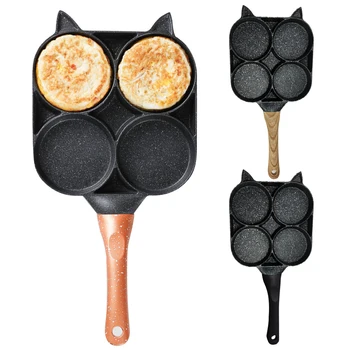 

New 4 Hole Omelet Pan for Burger Eggs Ham Pancake Maker Wooden Handle Frying Pan Non-stick Cooking Breakfast