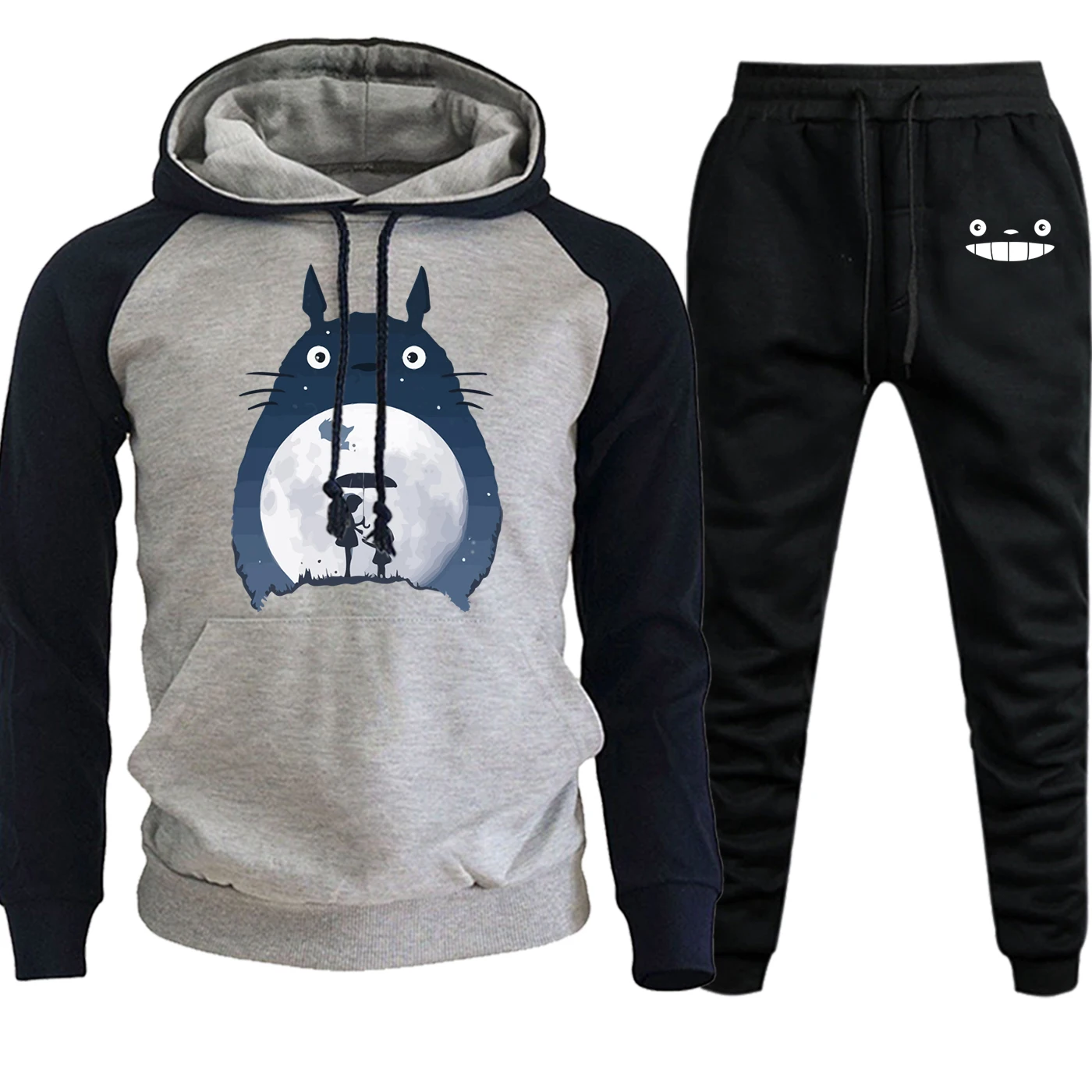 Totoro мультяшный принт уличная Мужская реглан с капюшоном Осень Зима костюм японского аниме Мужская мода толстовка+ брюки комплект из 2 предметов