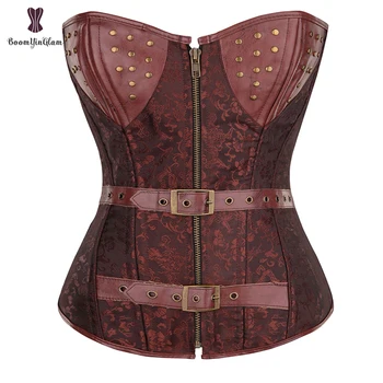 

Rivets And Buckles Decorated Punk Style Zip Up Sexy Women Bustier Corset With G String Size S-6XL 924#