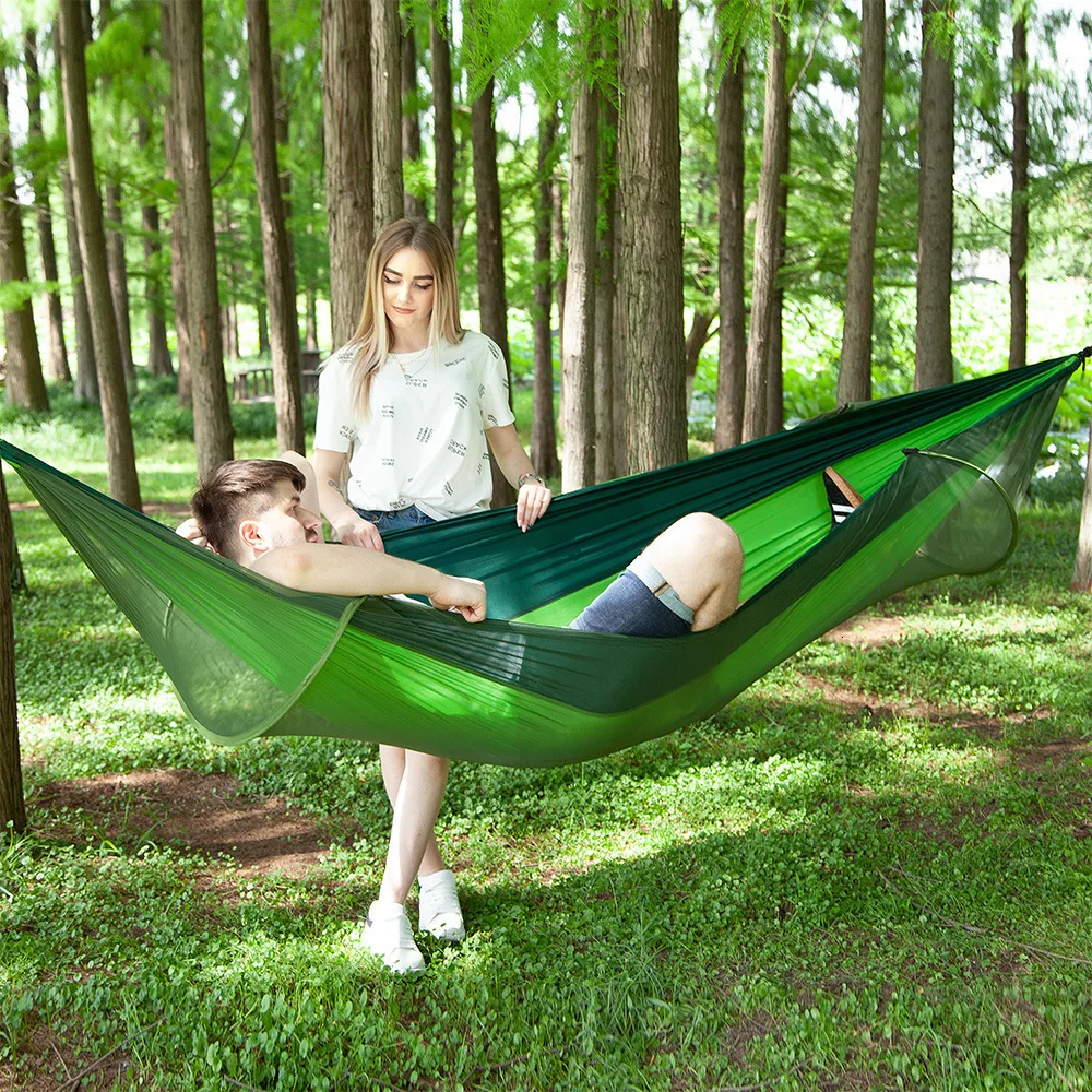 Double Camping Hammock with Mosquito Net Portable Hammock with Tree Straps Lightweight Parachute Travel Bed Quick Open Easy Set