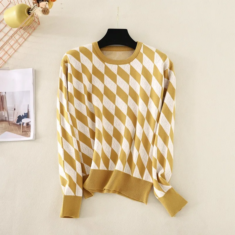 

Контрастный вязаный свитер с узором ромбиками, верхняя одежда на осень и зиму, Свободный пуловер с круглым вырезом, Женский винтажный Свитер оверсайз, новинка 2021