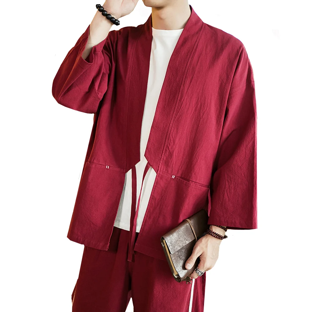 

Leisure literature jacket Long sleeve jacketsChinese Style Shirts loose Solid kimono open stitch thin cotton cardigan M-5XL