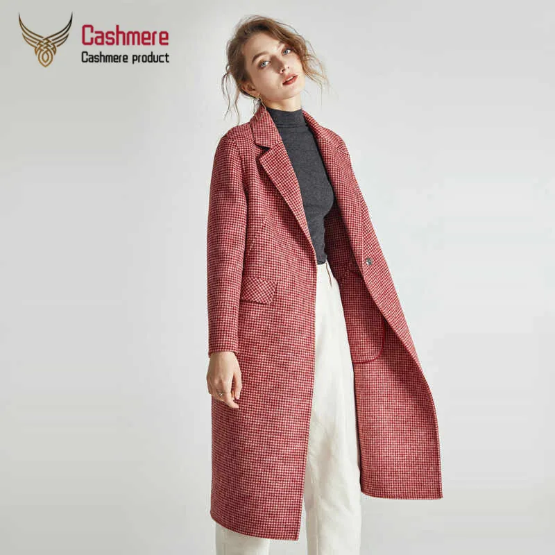 Новое осенне-зимнее кашемирвое пальто женское Шерстяное Пальто ручной работы с рисунком «гусиные лапки», длинное тонкое шерстяное пальто