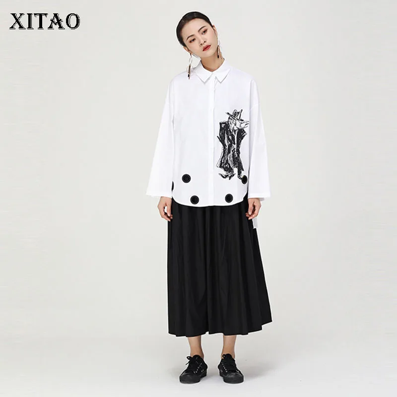

XITAO Abstract Body Print Women Shirts Hollow Irregular Women Blouses Fashion Wild Womens Tops and Blouses 2019 Autumn ZLL4328